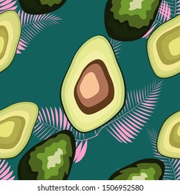 Tropical leaves and fruit avocado pattern. Seamless tropical wild flora with avocado fruit.