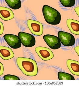 Tropical leaves and fruit avocado pattern. Seamless tropical wild flora with avocado fruit.