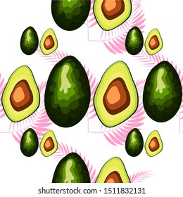 Tropical leaves and fruit avocado pattern. Seamless tropical wild flora with avocado fruit.