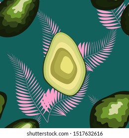 Tropical leaves and fruit avocado pattern. Seamless tropical wild flora with avocado fruit.