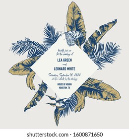 Tropical leaves, fruit, flowers wedding invitation. Hand drawing with a brush and ink in ochre and blue shades 
