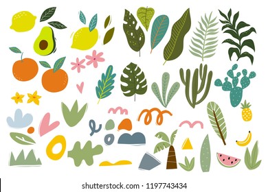 Tropical Leaves And Fruit Summer Vector Set