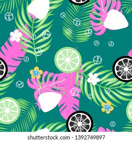 Tropical leaves and fruits exotic seamless pattern.