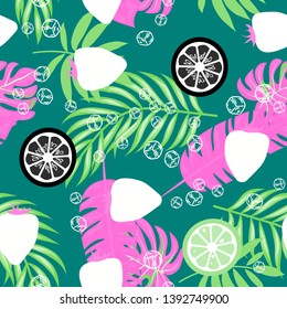 Tropical leaves and fruits exotic seamless pattern.