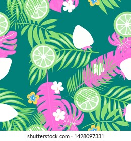 Tropical leaves and fruits exotic seamless pattern.