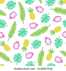 Tropical leaves and fruits. Vector seamless pattern