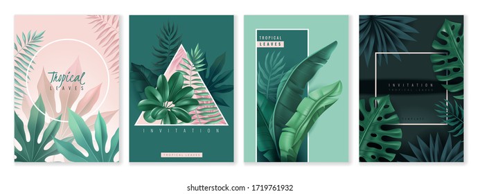 Conjunto de tarjetas de invitación verticales. Hojas tropicales, marcos geométricos. Azul y rosa. Oscuro y claro. Ilustración del vector