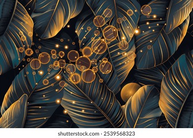 Hojas tropicales brillantes ilustración de fondo de patrón 3d. Fondo de Vector frondoso. Fondo de pantalla de lujo de plantas tropicales de superficie. Hermoso patrón botánico. Textura de dibujo adornado con líneas de oro, burbujas.