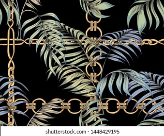 Tropical leaves and gold chains. Vector seamless pattern.