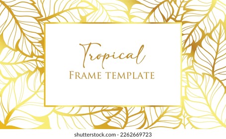 Hojas tropicales con plantilla vectorial de marco dorado