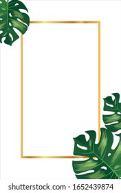 tropical leaves with gold frame white background