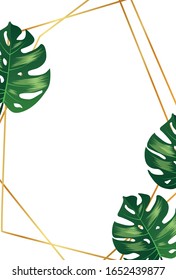 tropical leaves with gold frame white background