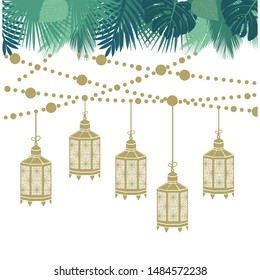 tropical leaves and gold lanterns, vector background 