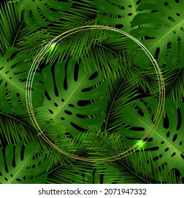 Tropical Leaves With Golden Frames Ball Banner With Gradient Mesh, Vector Illustration