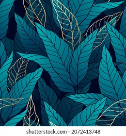 Tropical leaves with golden outlines seamless pattern