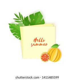 Tropical leaves and grapefruit on note paper. Vector illustration of plants and fruits in paper cut style. Several white sheets lying on top of each other with space for text.