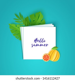 Tropical leaves and grapefruit on note paper. Vector illustration of plants and fruits in paper cut style. Several white sheets lying on top of each other with space for text.