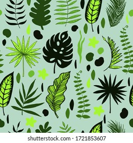 Tropical Leaves Graphic decorative pattern. Hand drawn sketches of leaves of tropical trees. Vector illustration.  Seamless pattern for decorating various surfaces.
