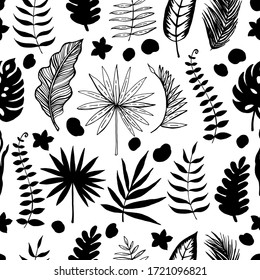 Patrón gráfico de hojas tropicales. Esbozos dibujados a mano de hojas de árboles tropicales. Ilustración vectorial.  Patrón transparente para decorar varias superficies.