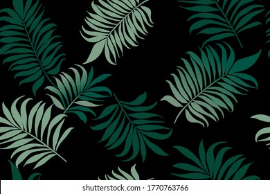 Tropical leaves. Green exotic branches on a black background. Seamless vector texture for wallpaper, textile, fabric.