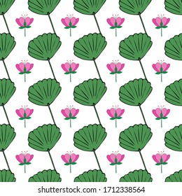 Tropical leaves and green flowers on a white background seamless pattern.  For wallpaper,  site,  paper,  print,  cover. 