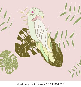 Tropical leaves with green parrot pattern on pink background.