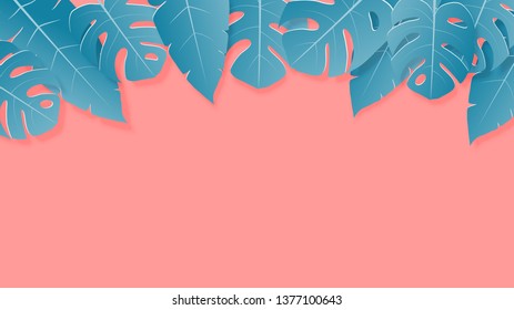 Tropical leaves green and pink pastel colors paper cut style on background with empty space for advertising text. Digital craft paper art for poster, postcard, banner, wallpaper, brochure and flyer.