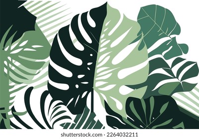 Tropical leaves in green shades, on white background, flat vector