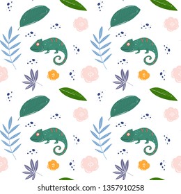 Tropical  leaves and hameleons pattern