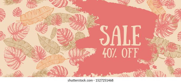 Tropical leaves hand drawn illustration. Sale banner.