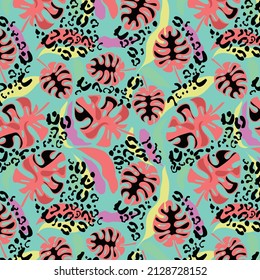 Patrón dibujado a mano en hojas tropicales. Diseño botánico de moda en tonos rosa y verde. Diseño extensivo de vectores para papel de tela, papel pintado o envolver papel.