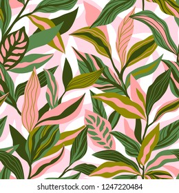 Tropical leaves hand drawn seamless pattern. Botanical trendy design in pink and green colors. Vector repeating design for fabric, wallpaper or wrap papers.