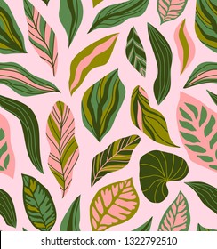 Tropical leaves hand drawn seamless pattern. Botanical trendy design in pink and green colors. Vector repeating design for fabric, wallpaper or wrap papers.