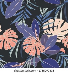 Tropical leaves hand drawn seamless pattern. Botanical trendy design in blue and orange colors. Design for fabric, wallpaper or wrap papers. Dark background.