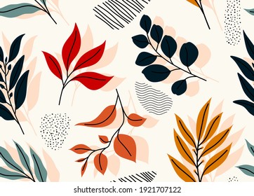 Tropical leaves hand drawn seamless pattern. Botanical trendy design in pink and green colors. Vector repeating design for fabric, wallpaper or wrap papers.