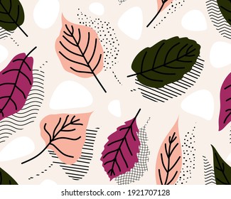 Tropical leaves hand drawn seamless pattern. Botanical trendy design in pink and green colors. Vector repeating design for fabric, wallpaper or wrap papers.
