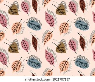 Tropical leaves hand drawn seamless pattern. Botanical trendy design in pink and green colors. Vector repeating design for fabric, wallpaper or wrap papers.