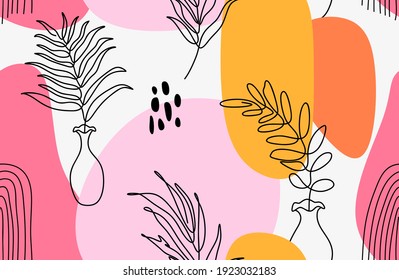 Tropical leaves hand drawn seamless pattern. Botanical trendy design in pink and green colors. Vector repeating design for fabric, wallpaper or wrap papers.