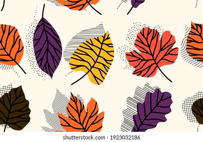 Tropical leaves hand drawn seamless pattern. Botanical trendy design in pink and green colors. Vector repeating design for fabric, wallpaper or wrap papers.