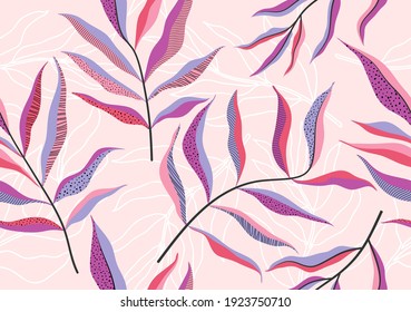 Tropical leaves hand drawn seamless pattern. Botanical trendy design in pink and green colors. Vector repeating design for fabric, wallpaper or wrap papers.