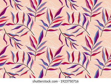 Tropical leaves hand drawn seamless pattern. Botanical trendy design in pink and green colors. Vector repeating design for fabric, wallpaper or wrap papers.