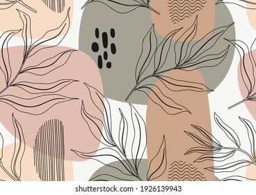 Tropical leaves hand drawn seamless pattern. Botanical trendy design in pink and green colors. Vector repeating design for fabric, wallpaper or wrap papers.