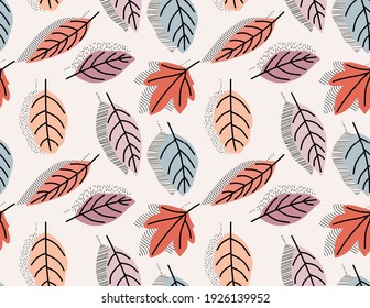 Tropical leaves hand drawn seamless pattern. Botanical trendy design in pink and green colors. Vector repeating design for fabric, wallpaper or wrap papers.