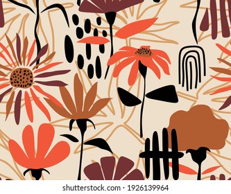 Tropical leaves hand drawn seamless pattern. Botanical trendy design in pink and green colors. Vector repeating design for fabric, wallpaper or wrap papers.