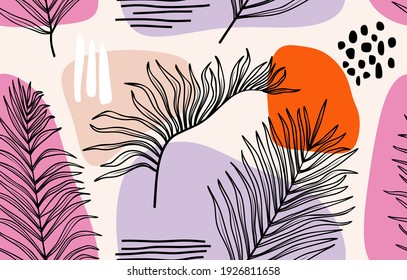 Tropical leaves hand drawn seamless pattern. Botanical trendy design in pink and green colors. Vector repeating design for fabric, wallpaper or wrap papers.