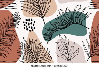 Tropical leaves hand drawn seamless pattern. Botanical trendy design in pink and green colors. Vector repeating design for fabric, wallpaper or wrap papers.