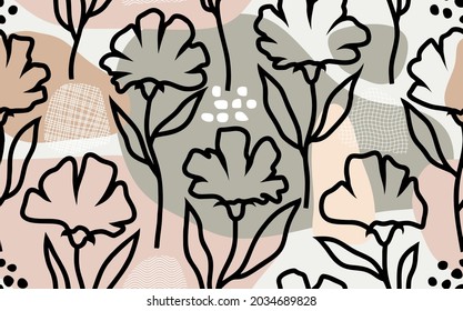 Tropical leaves hand drawn seamless pattern. Botanical trendy design in pink and green colors. Vector repeating design for fabric, wallpaper or wrap papers.