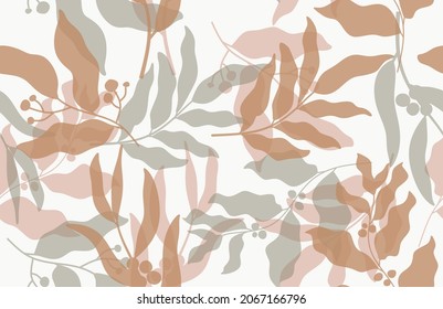 Tropical leaves hand drawn seamless pattern. Botanical trendy design in pink and green colors. Vector repeating design for fabric, wallpaper or wrap papers.