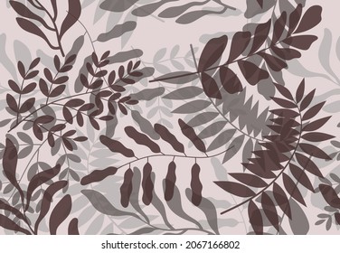 Tropical leaves hand drawn seamless pattern. Botanical trendy design in pink and green colors. Vector repeating design for fabric, wallpaper or wrap papers.