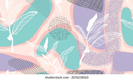 Tropical leaves hand drawn seamless pattern. Botanical trendy design in pink and green colors. Vector repeating design for fabric, wallpaper or wrap papers.